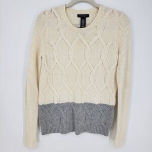 Ann Taylor Braided Cable Knit Sweater M Wool Cashmere Color Block Cream Gray